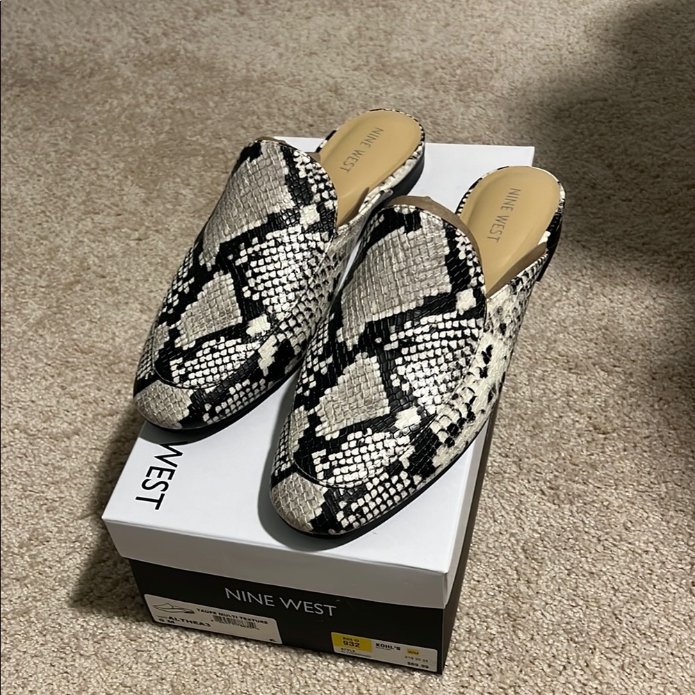 Nine West Black and White Mules Sleek Snakeskin Design